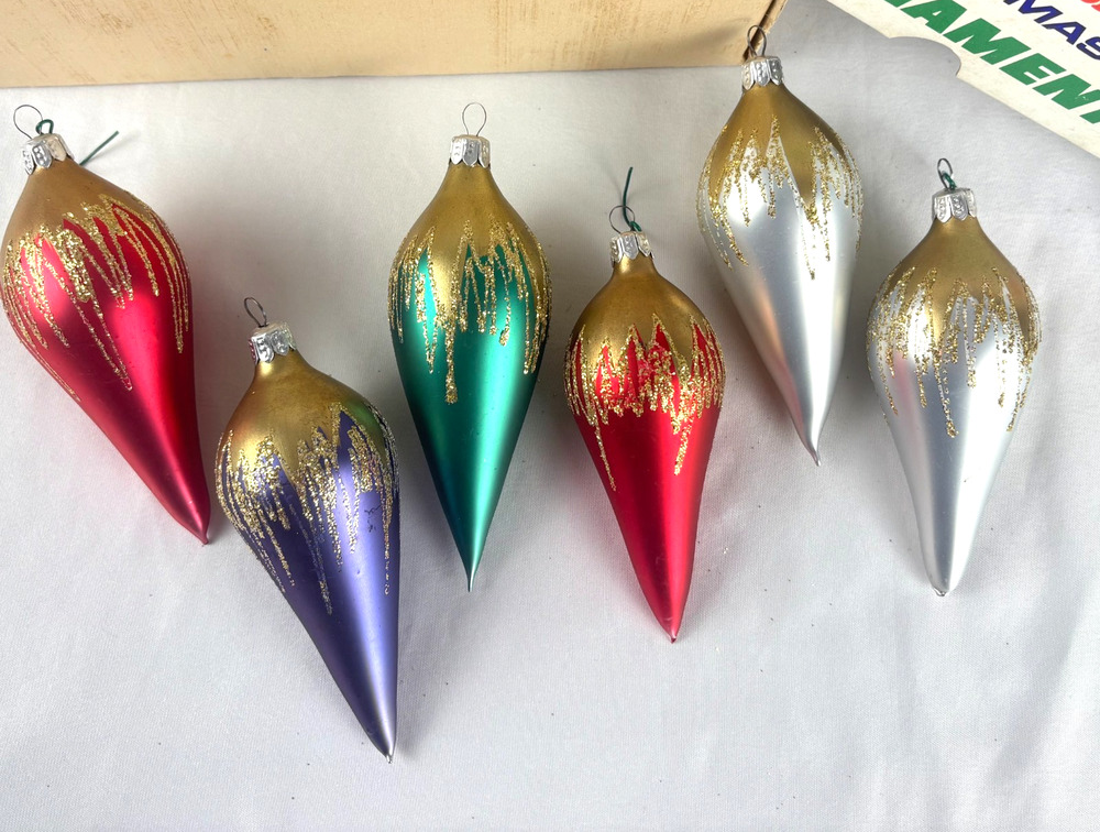 Vintage Romanian style Hand Decorated Glass Teardrop Finial Ornaments Set of 6